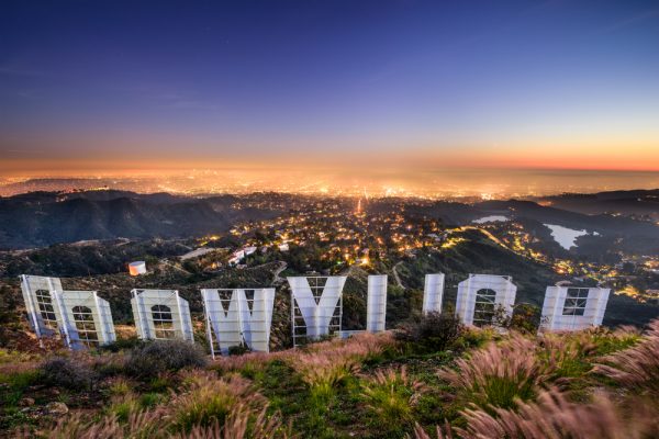 backview of the Hollywood sign and the city